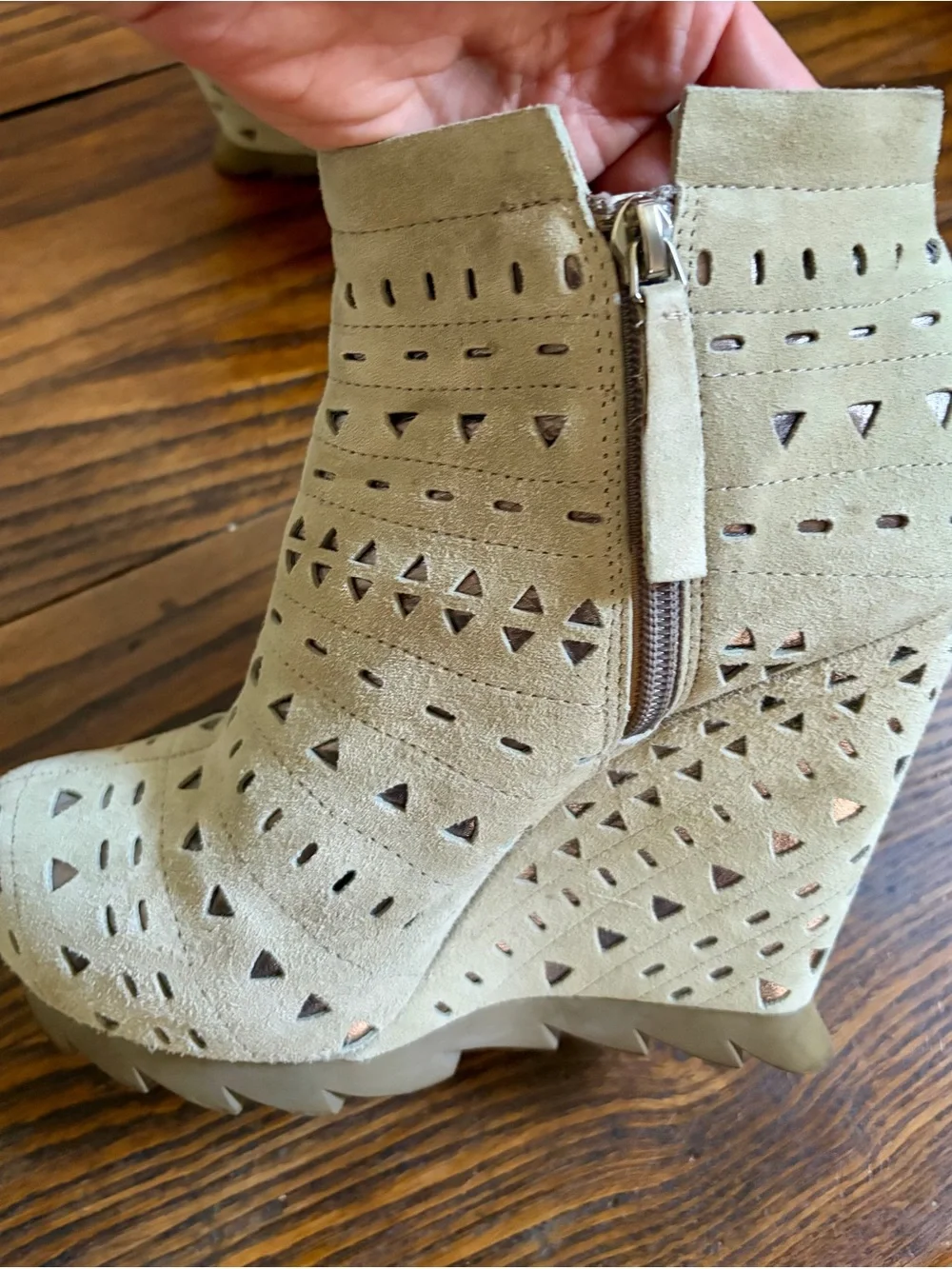 Cutout Suede Wedge Ankle Boots in Taupe